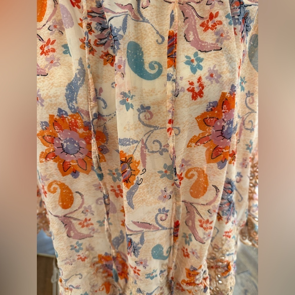 Floral Crochet-Trim Peasant Top - Pink, Orange, Blue. - Picture 4 of 10